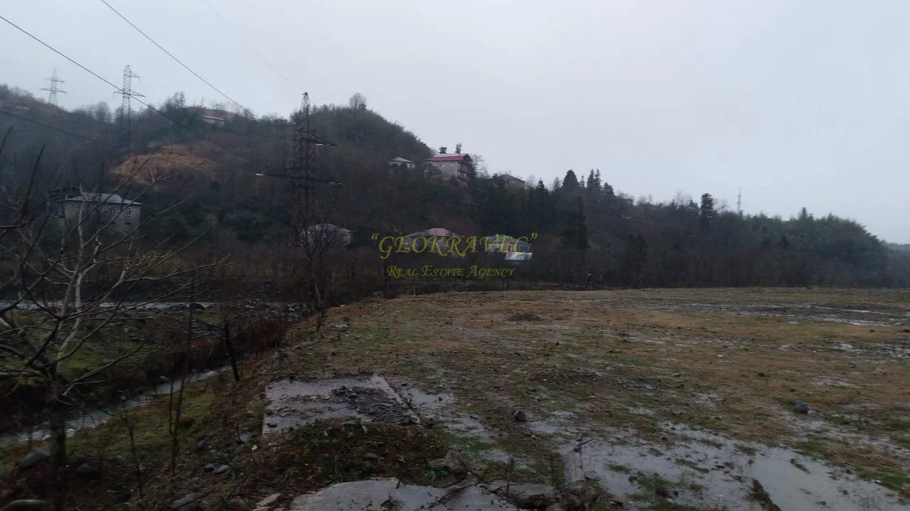 Земельный участок на берегу реки в тихом районе с видом на горы.